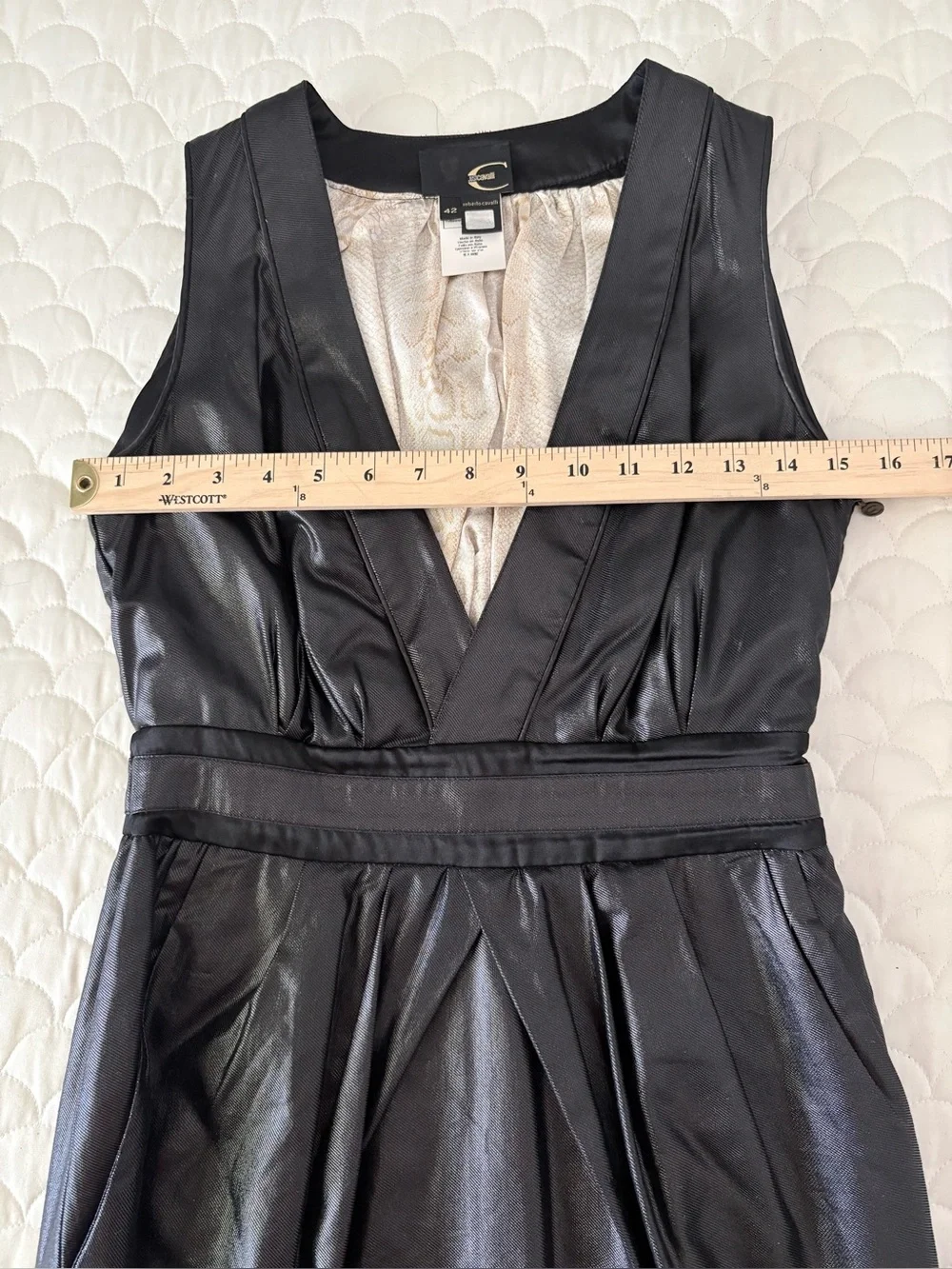 Just Cavalli Coated Black Plunge V-Neck Dress IT 42 US 6 Animal Print Lining EUC